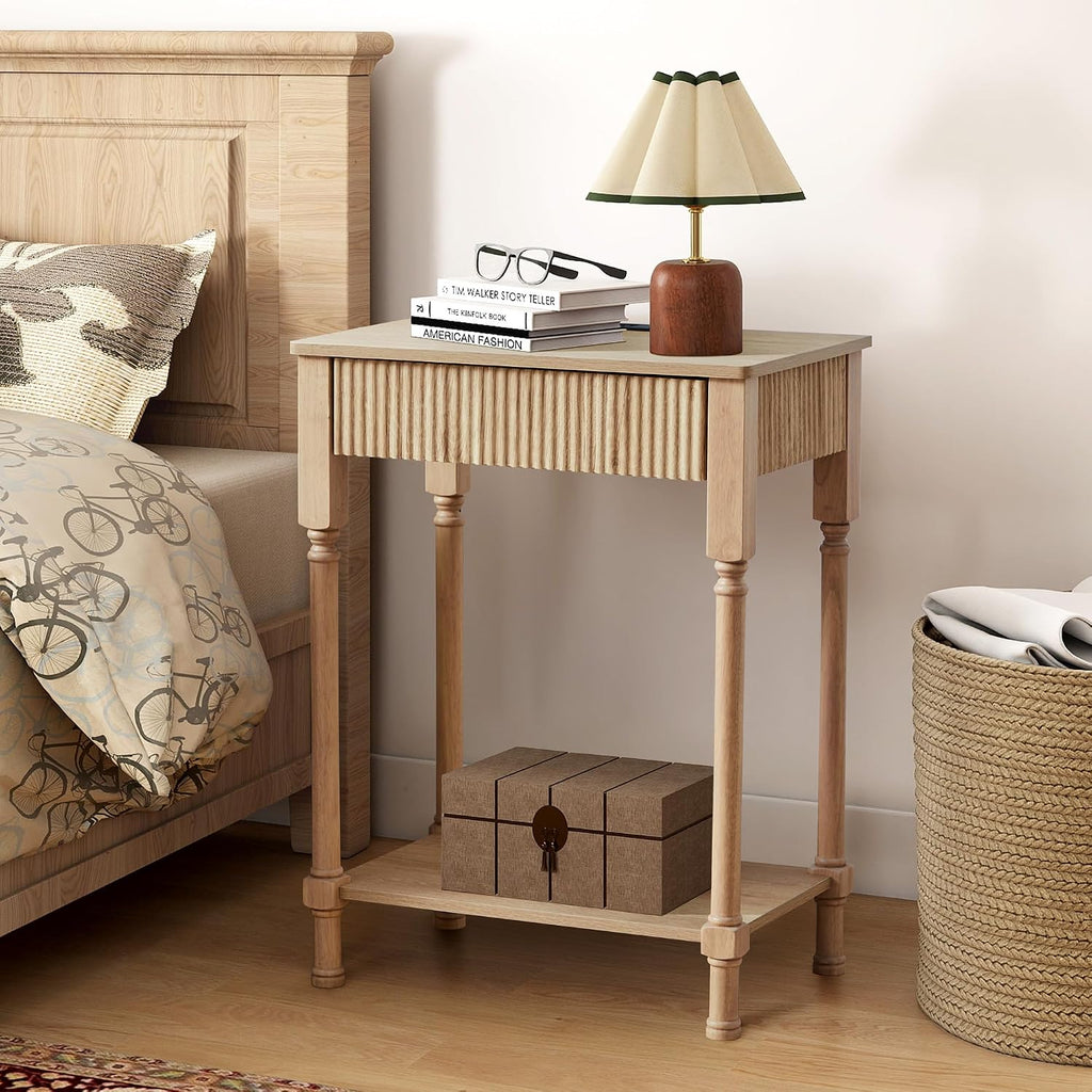23.6” Large End Table with Charging Station,Modern Farmhouse Side Table with Drawer&Open Shelf, Fluted Wood Bedside Table Sofa Tables Night Stand for Bedroom Living Room Home Office,Natural