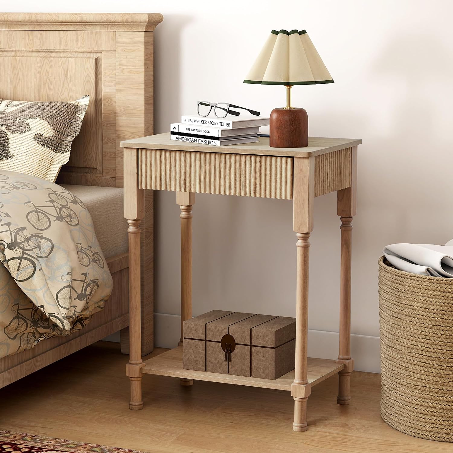 23.6” Large End Table with Charging Station,Modern Farmhouse Side Table with Drawer&Open Shelf, Fluted Wood Bedside Table Sofa Tables Night Stand for Bedroom Living Room Home Office,Natural