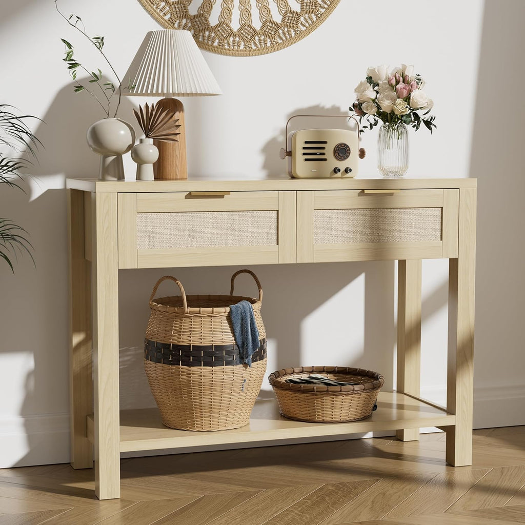 Boho Chic Console Table with 2 Rattan Drawers and Open Shelf Storage, Narrow Farmhouse Sofa Table for Small Space Entryway, Living Room,Hallway,Natural