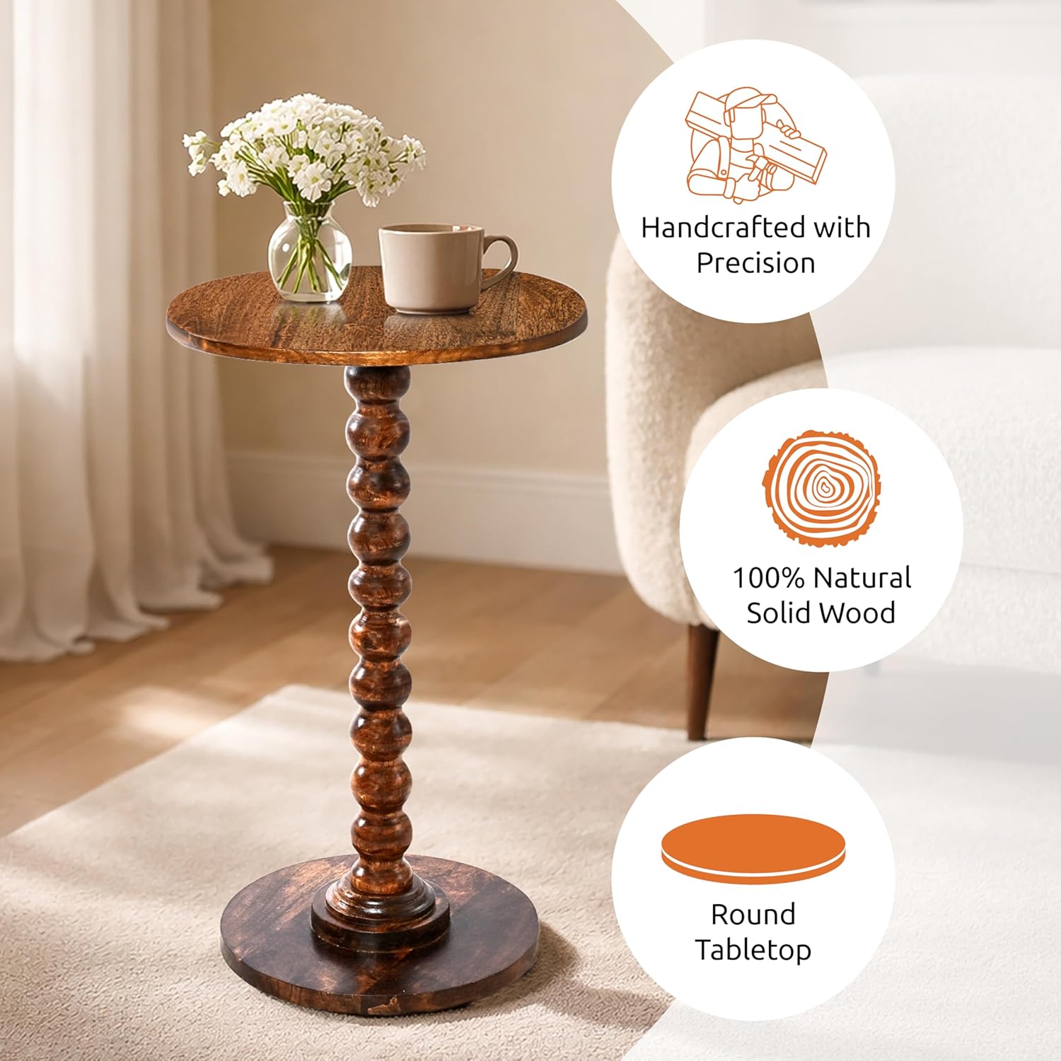 Solid Wood Round Side Table for Living Room, Bedroom and Office — Handcrafted End Table, Bedside Nightstand, Accent Table for Small Spaces with Tool-Free Assembly (Rustic Walnut)