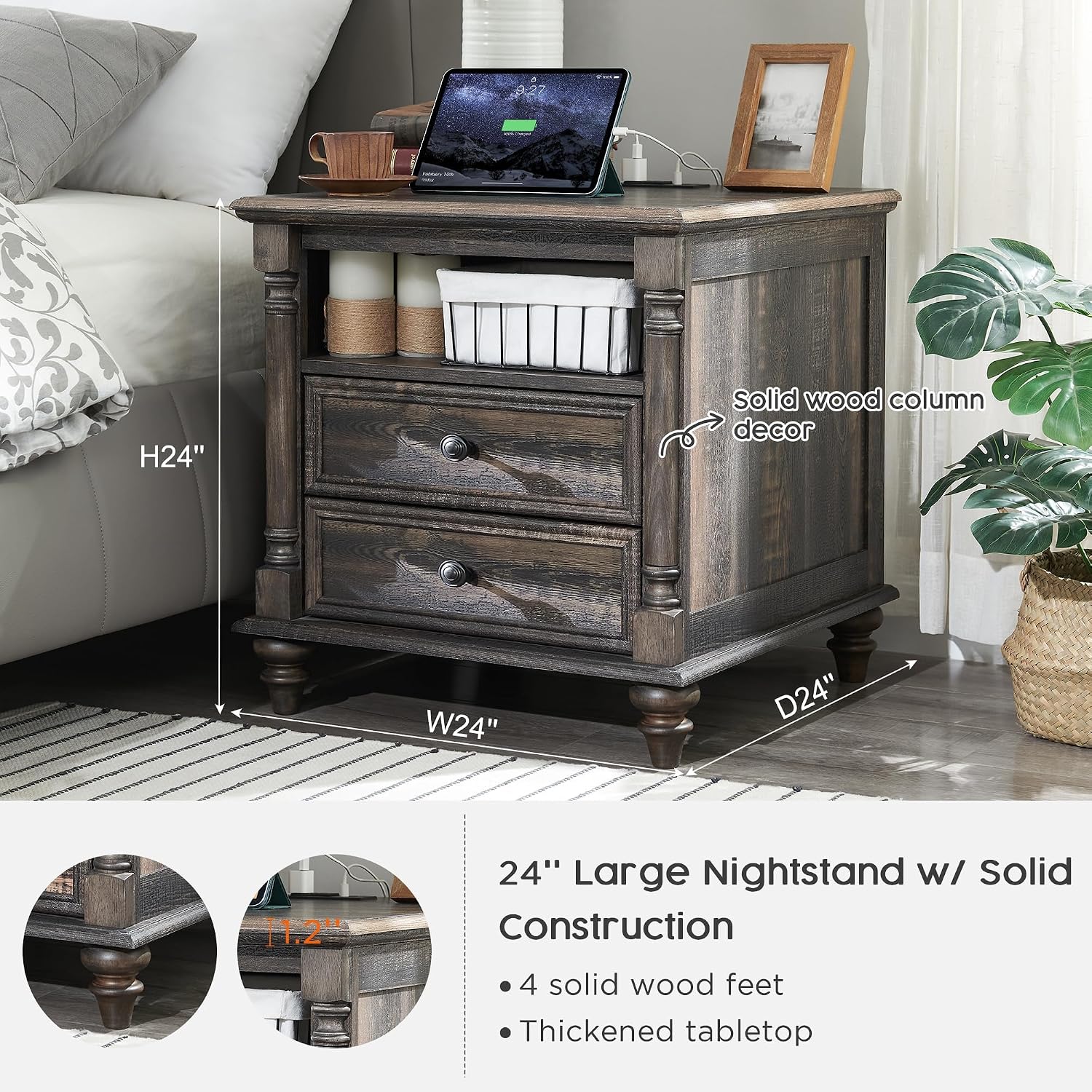 T4TREAM 24'' Farmhouse End Table w/4 Solid Wood Feet Set of 2, Large 2 Drawers Sofa Side Table with Charging Station, Rustic Wood Square Nightstand for Living Room, Bedroom, Office, Dark Rustic Oak