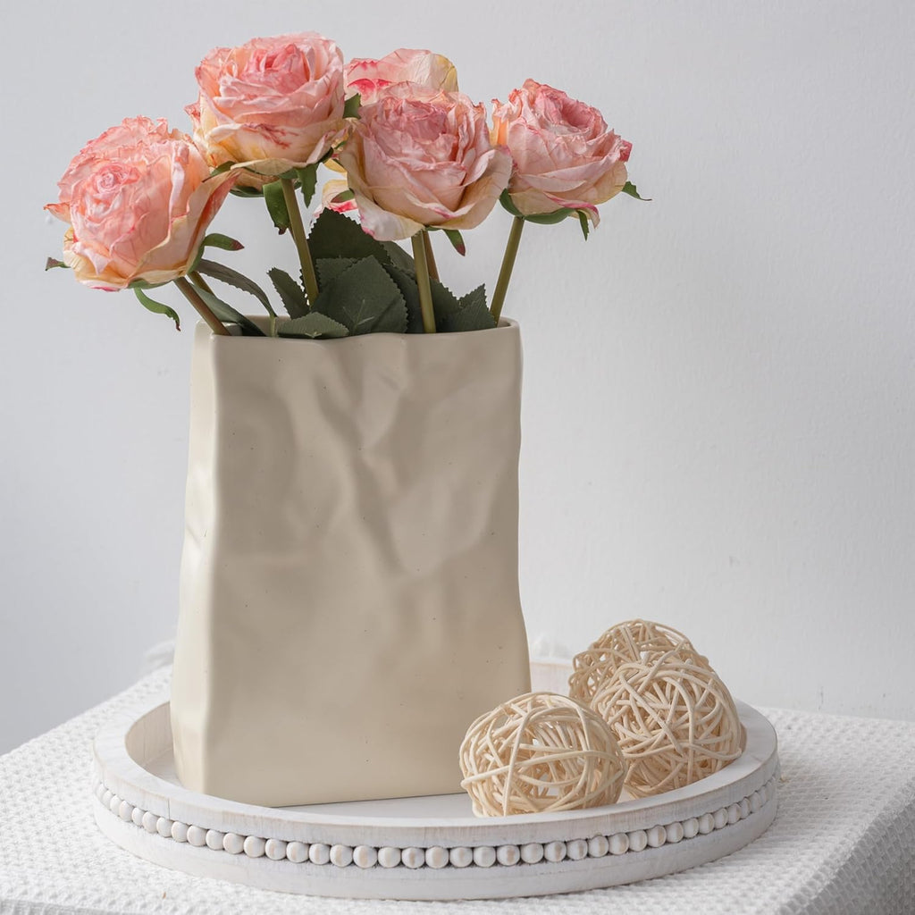 Relexome Paper Bag Vase Crinkle Wide Ceramic Flower Vase Cream White Boho Wabi-Sabi Vases, Cute Home Office Living Room Decor Aesthetic Unique Bookshelf Decorative, Bouquet Gifts for Women Girl 8 Inch