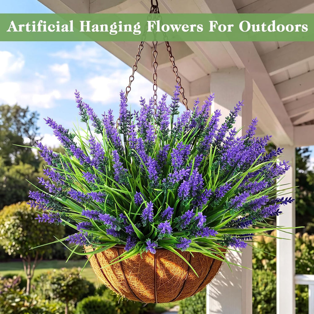 16 Bundles Faux Outdoor Plants, UV Resistant Fake Lavender & Monkey Grass, Realistic Artificial Flowers & Greenery for Outdoor Planters, Porch, Patio, Farmhouse Decor (Purple)