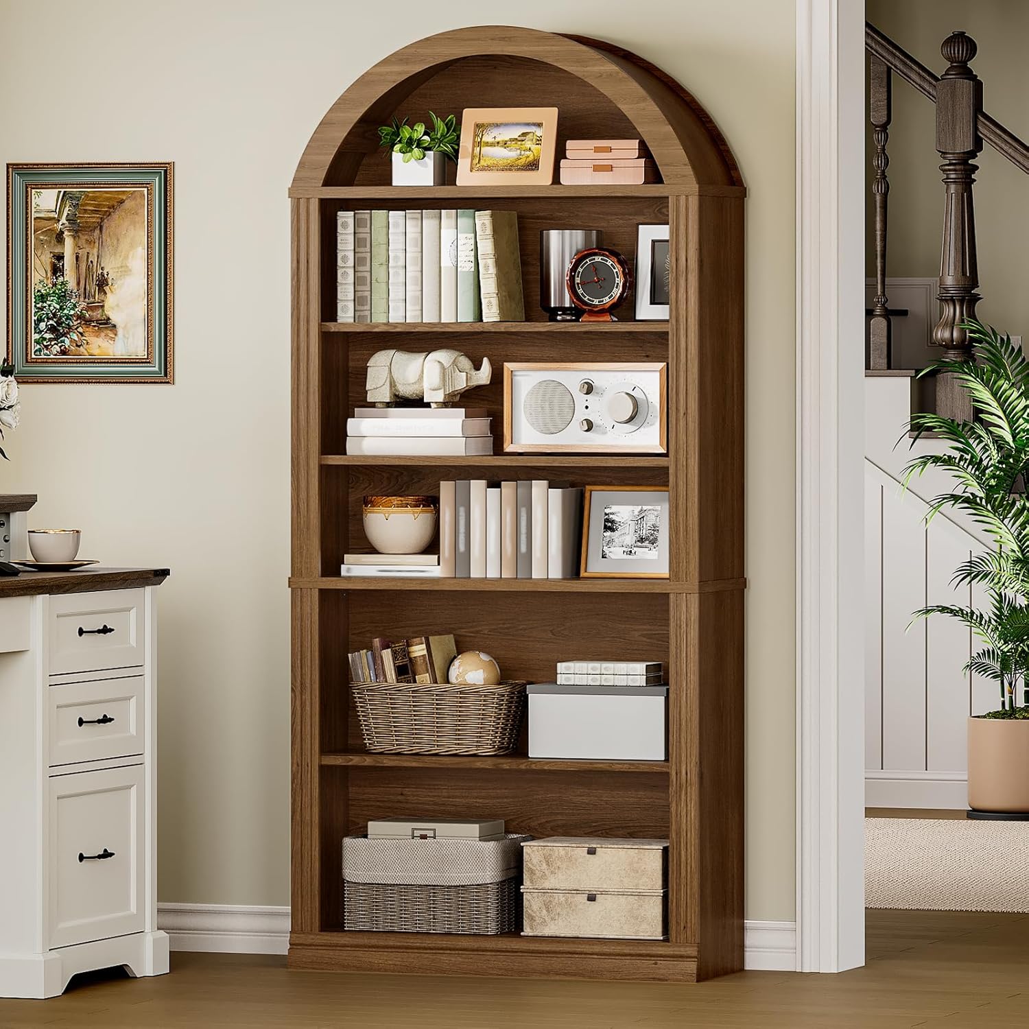 RALGEND Arched Bookshelf, 75.8" Tall Arch Bookcase with Storage, 6-Tier Farmhouse Book Shelf, Arched Cabinet, Wooden Bookshelf with Open Display Shelves, Adjustable Shelf, Office, Walnut