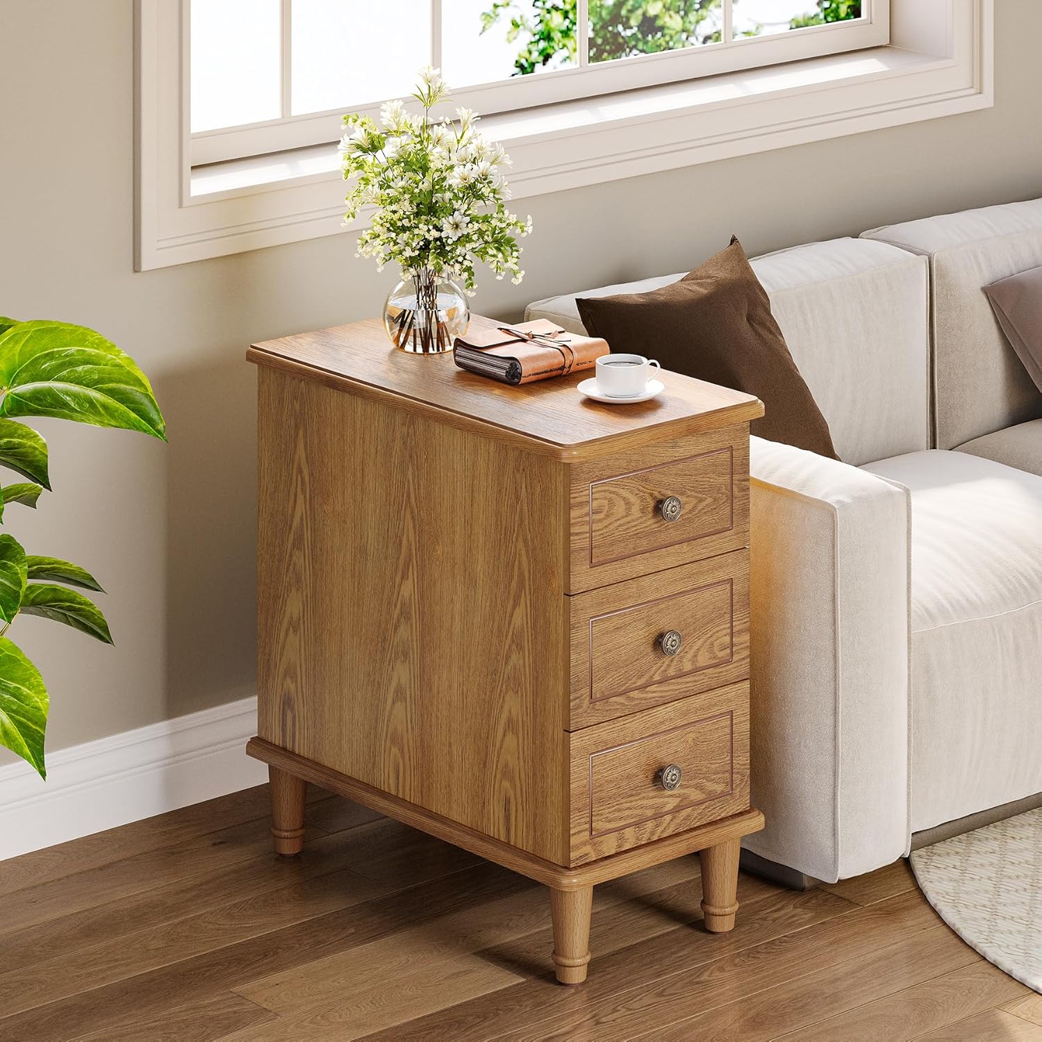 LITTLE TREE Fully Assembled End Table, Set of 2, Narrow Bedside Table with 3 Drawers, Vintage Nightstand for Small Spaces, Living Room, Bedroom, Natural Color