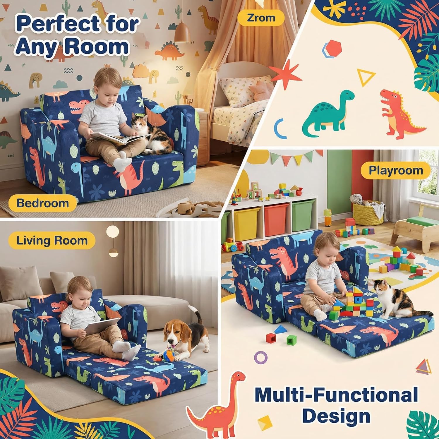 Kids Couch Sofa Toddler Sofa Dinosaur 2-in-1 Foldable Toddler Couch Bed Flip Open Kids Chair for Playroom Bedroom Gift Boys Girls