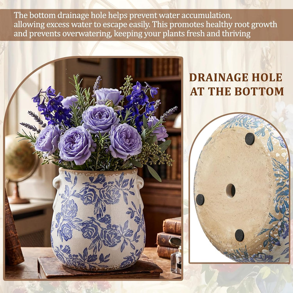 Ceramic Scroll Planter 6.5 Inch Chinoiserie Floral Vase with Drainage Holes Vintage Flower Vase Flower Pot Rustic Ceramic Pots for Indoor Plants Garden Home Bookshelf Decor (Blue)