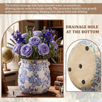 Ceramic Scroll Planter 6.5 Inch Chinoiserie Floral Vase with Drainage Holes Vintage Flower Vase Flower Pot Rustic Ceramic Pots for Indoor Plants Garden Home Bookshelf Decor (Blue)