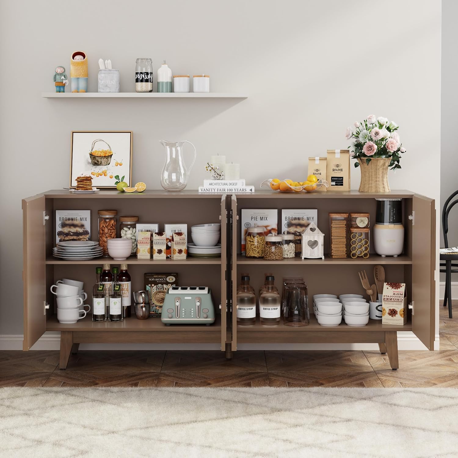 Buffet Cabinet with Storage, Distressed Storage Cabinet with 4 Carved Doors and Adjustable Shelf, Wooden Accent Sideboard Buffet Cabinets for Kitchen, Living Room, Entryway, Brown