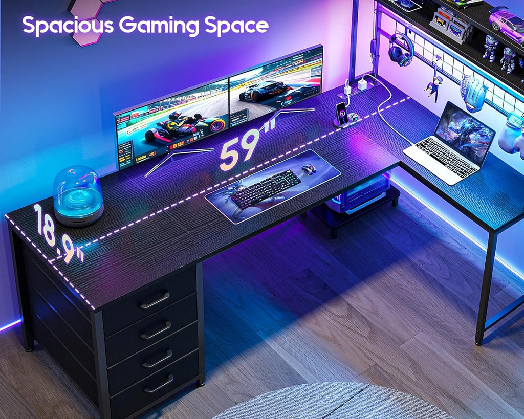 AODK L Shaped Gaming Desk with 4 Drawers, 59" Reversible Computer Desk with Hutch and Shelves, Gamer Desk with LED Lights, Power Outlets, Home Office Corner Desk with Gird Pegboard, Black