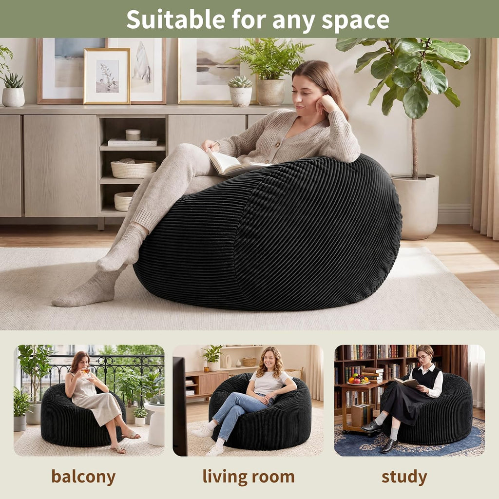 3FT Bean Bag Chairs for Adults, Medium Memory Foam Beanbags with Machine-Washable Wide Stripe Plush Cover Bean Bag Chair for Living Room Bedroom Dorm Office-Jet Black