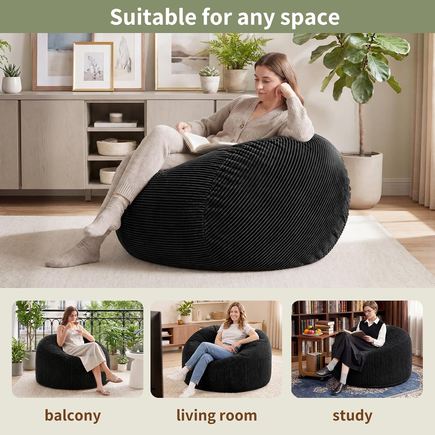 3FT Bean Bag Chairs for Adults, Medium Memory Foam Beanbags with Machine-Washable Wide Stripe Plush Cover Bean Bag Chair for Living Room Bedroom Dorm Office-Jet Black