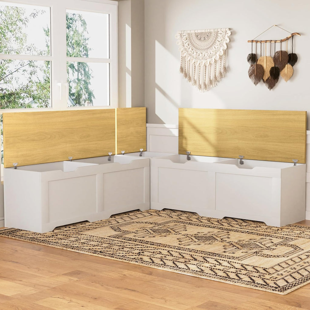 3-Piece L-Shaped Multi-Functional Storage Bench with Cushion, Serving as a Kitchen Corner Bench, Toy Storage Box, or Reading Nook seat., White and Natural, 63" D x 63" W x 19.1" H