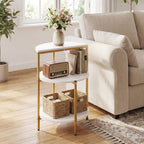 Giantex 3-Tier Round Side Table Set of 2, Wood Bedside Sofa End Table with Storage Shelves & Metal Frame, Modern Slim Night Stand for Bedroom Living Room Entryway Small Spaces, White & Gold