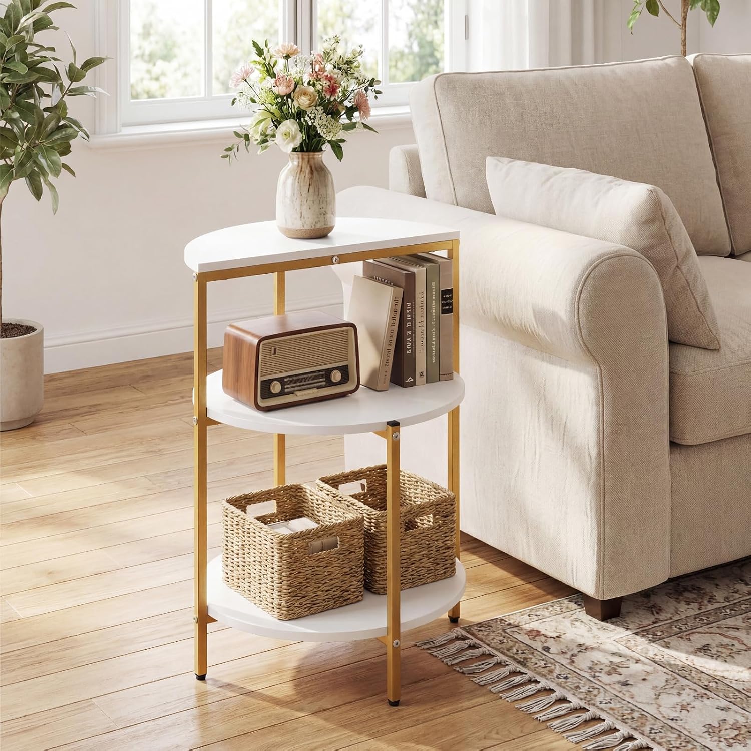 Giantex 3-Tier Round Side Table Set of 2, Wood Bedside Sofa End Table with Storage Shelves & Metal Frame, Modern Slim Night Stand for Bedroom Living Room Entryway Small Spaces, White & Gold