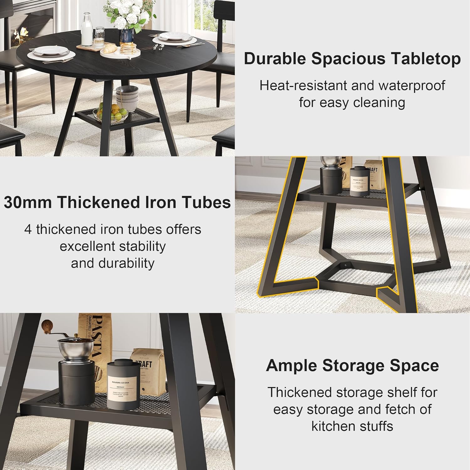 knoworld Round Dining Table for 4, Kitchen Tables Dining Room Circle Dinner Table with Pedestal Metal Frame, Space Saving Wood Industrial Kitchen & Dining Room Tables, Black 43In