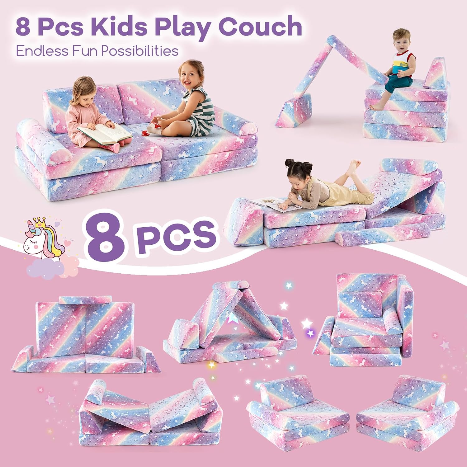 Costzon 8 Pcs Modular Kids Play Couch, Glow in the Dark Toddler Sectional Sofa with Handles, Convertible Sofa Foam Couch for Building Fort, Playroom & Kids Room Furniture (8-pcs,Multicolor)