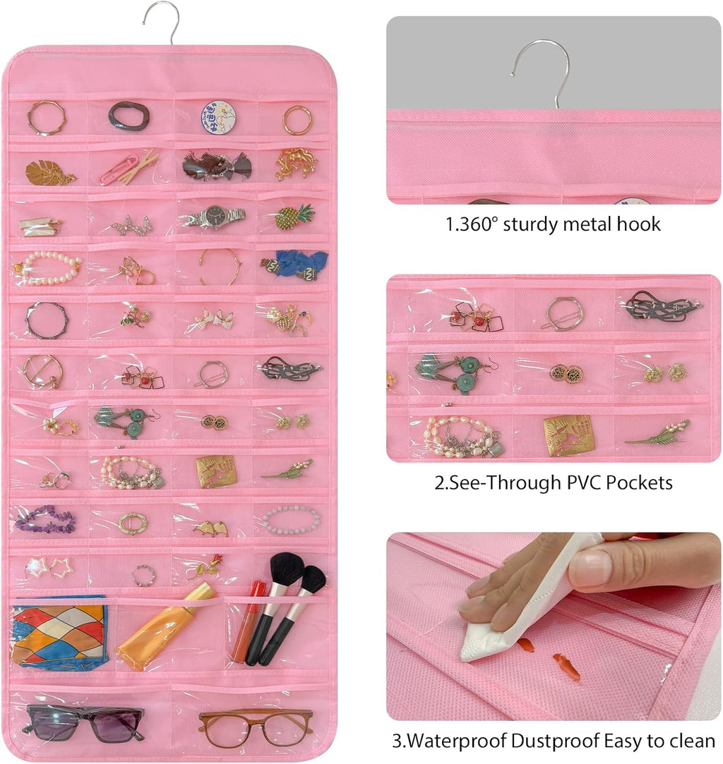 Bloss Pinck Hanging Jewelry Organizer With 90 Pockets for Closet, Earring Holder Organizer Storage, Over The Door Jewelry Organizer, Double-Sided Jewelry Holder for Earrings,Necklaces,Rings