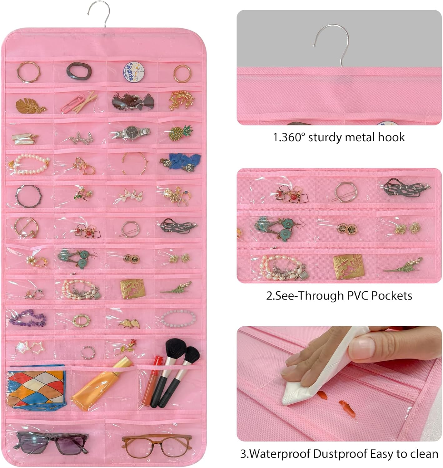 Bloss Pinck Hanging Jewelry Organizer With 90 Pockets for Closet, Earring Holder Organizer Storage, Over The Door Jewelry Organizer, Double-Sided Jewelry Holder for Earrings,Necklaces,Rings