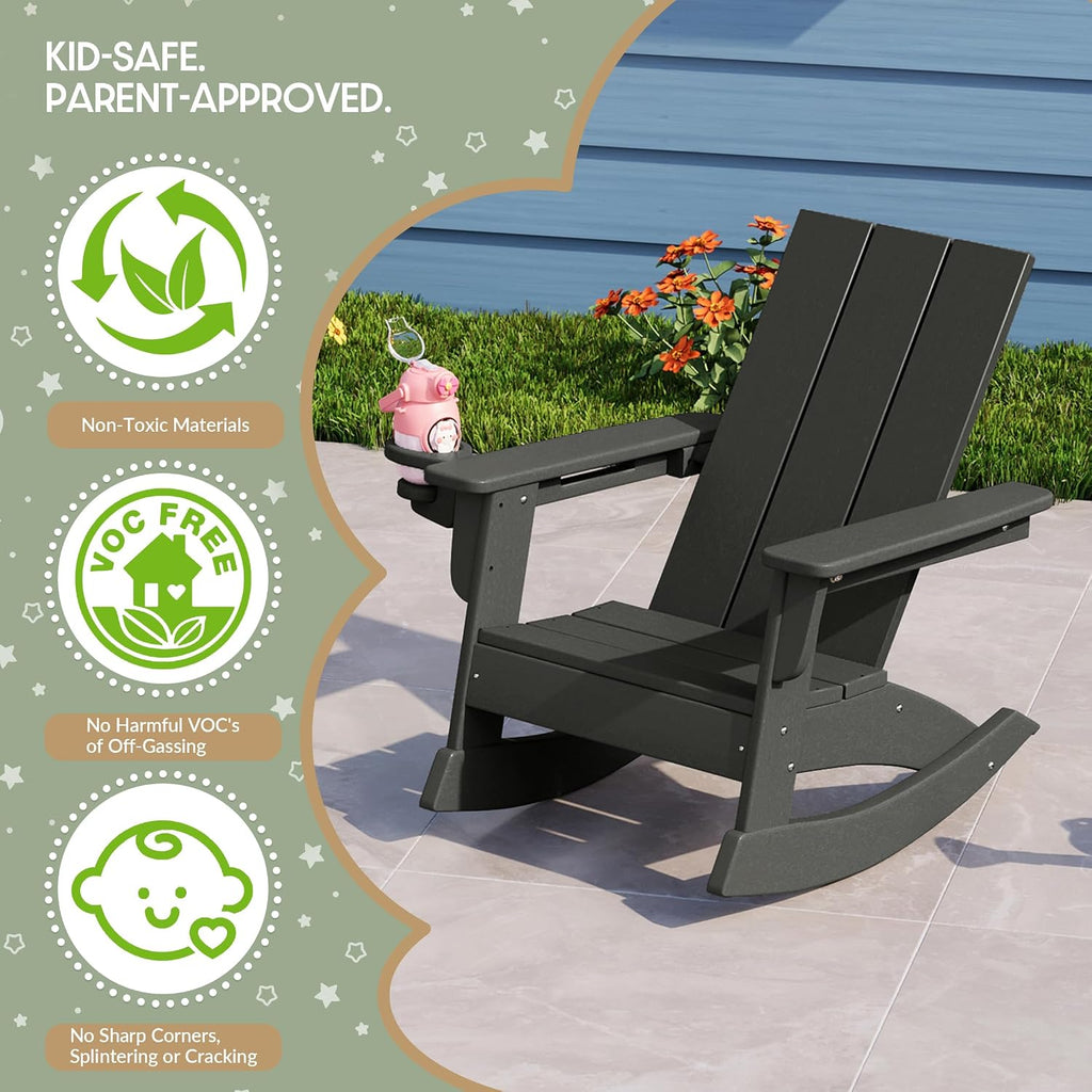WestinTrends Ashore 3-Piece Kids Modern Rocking Chair with Cup Holder and Square Side Table Set, Gray