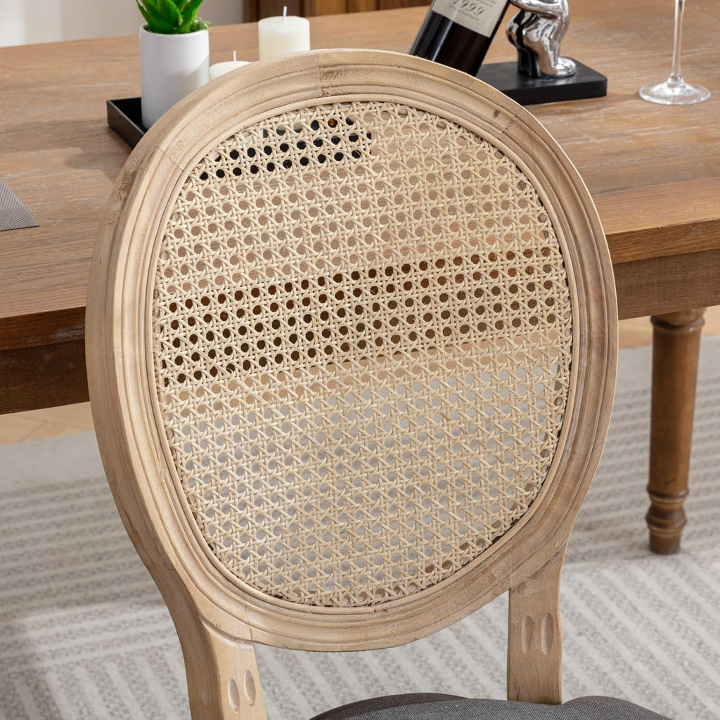 French Country Dining Chairs Set of 4,Farmhouse Upholstered Dining Room Chairs with Round Back and Solid Leg,Rattan Kitchen Chairs for Kitchen/Bedroom/Dining Room,Beige