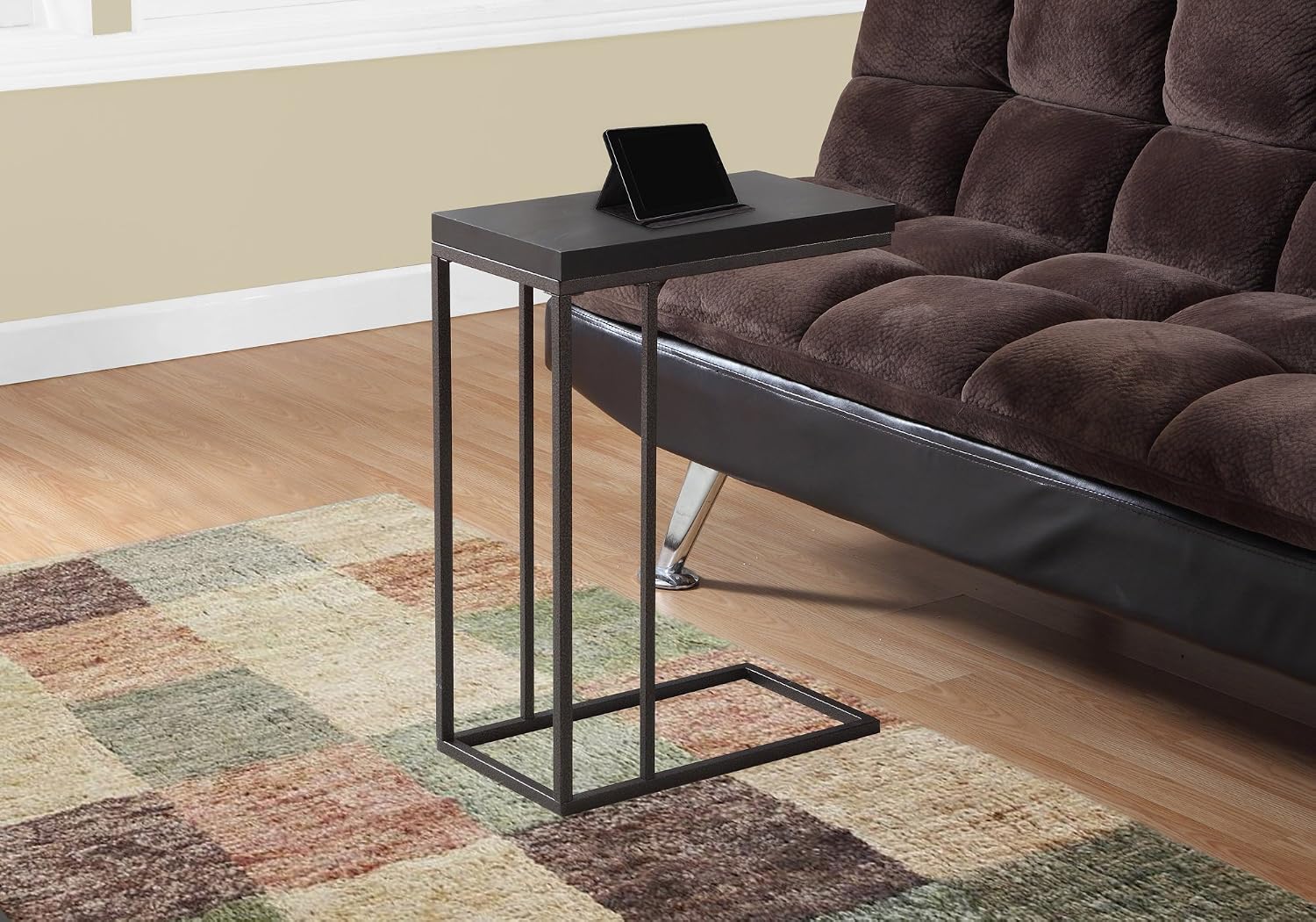 Accent Table, C-Shaped, End, Side, Snack, Living Room, Bedroom, Brown Laminate, Brown Metal, Contemporary, Modern