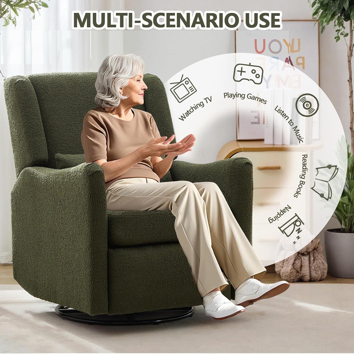 29.5'' Wide Swivel Rocker Recliner with 3-Position Lock Leg Rest, Nursery Chair with Sturdy Metal Base for Living Room, Bedroom and Apartment, Teddy Fleece (Seaweed Green)