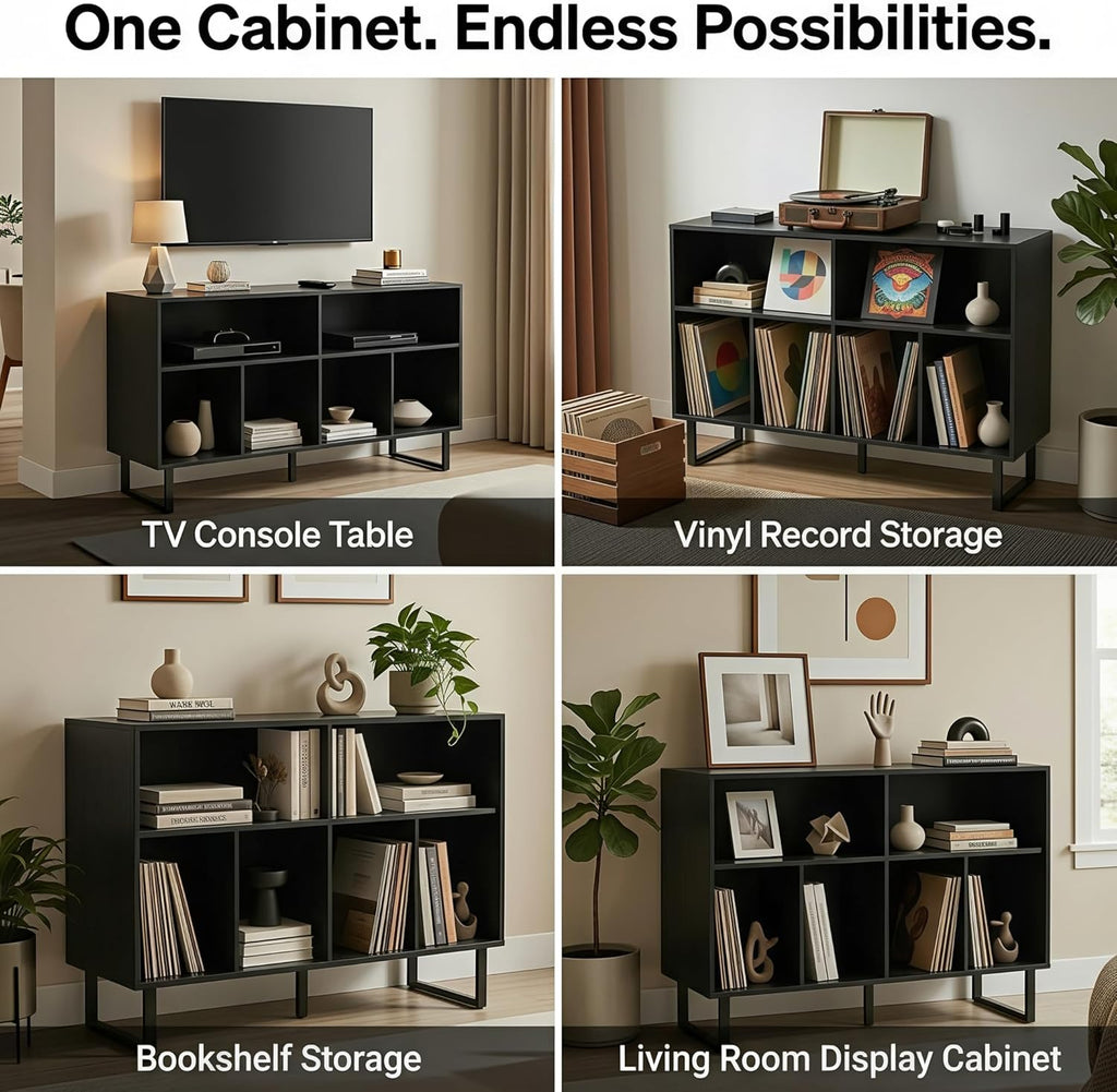 Large Record Player Stand with Storage 1000+ Albums, Mid Century Modern Turntable Stand Cabinet, Record Player Table Media Console TV Stand Bookshelf for Living Room, Black Walnut