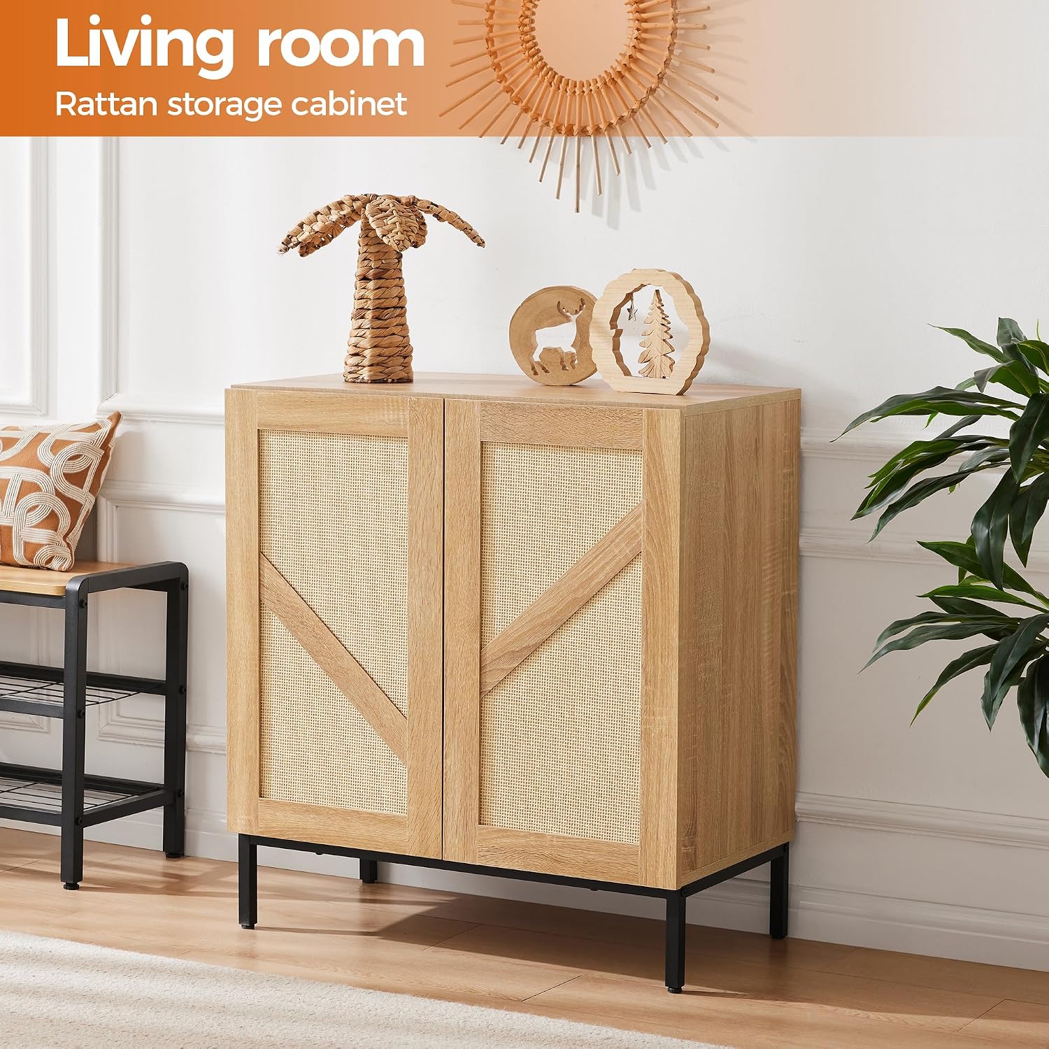 Mericonia Buffet Cabinet with Storage, Sideboards 2 Doors with Metal Base and Adjustable Shelf for Kitchen, Coffee Bar, Entryway, Hallway,Living Room (2 Door Buffet Cabinet, Rattan-Natural 2.0)