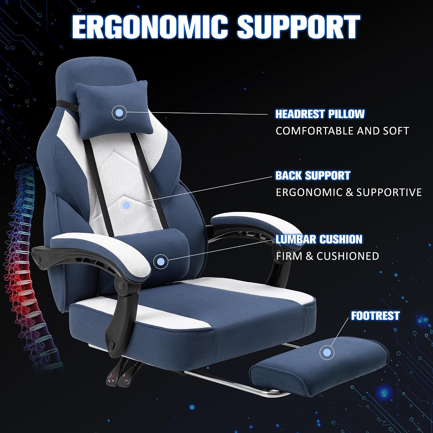 Gaming Chair with Footrest, Gaming Chair for Adults with Massage Lumbar Support, High Back Ergonomic Computer Chair, Breathable Fabric, Pocket Spring Cushion, 150°Reclining & Linkage Armrests, Blue