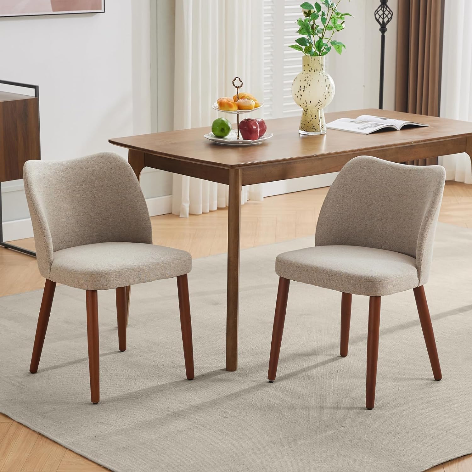 GarveeHome Wooden Dining Chairs Set of 4, Upholstered Mid Century Dining Chairs with Thick Seat Cushion and Curved Back for Dining/Kitchen/Living Room, Camel