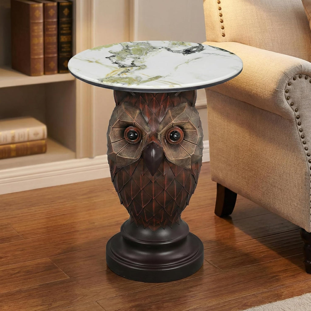 Owl Side Table, Round End Table with Faux Marble Top, Resin Owl Statue Base, Unique Animal Accent Table for Living Room, Bedroom, Nursery, Rustic Brown 22.83“ Tall 17.17" Height