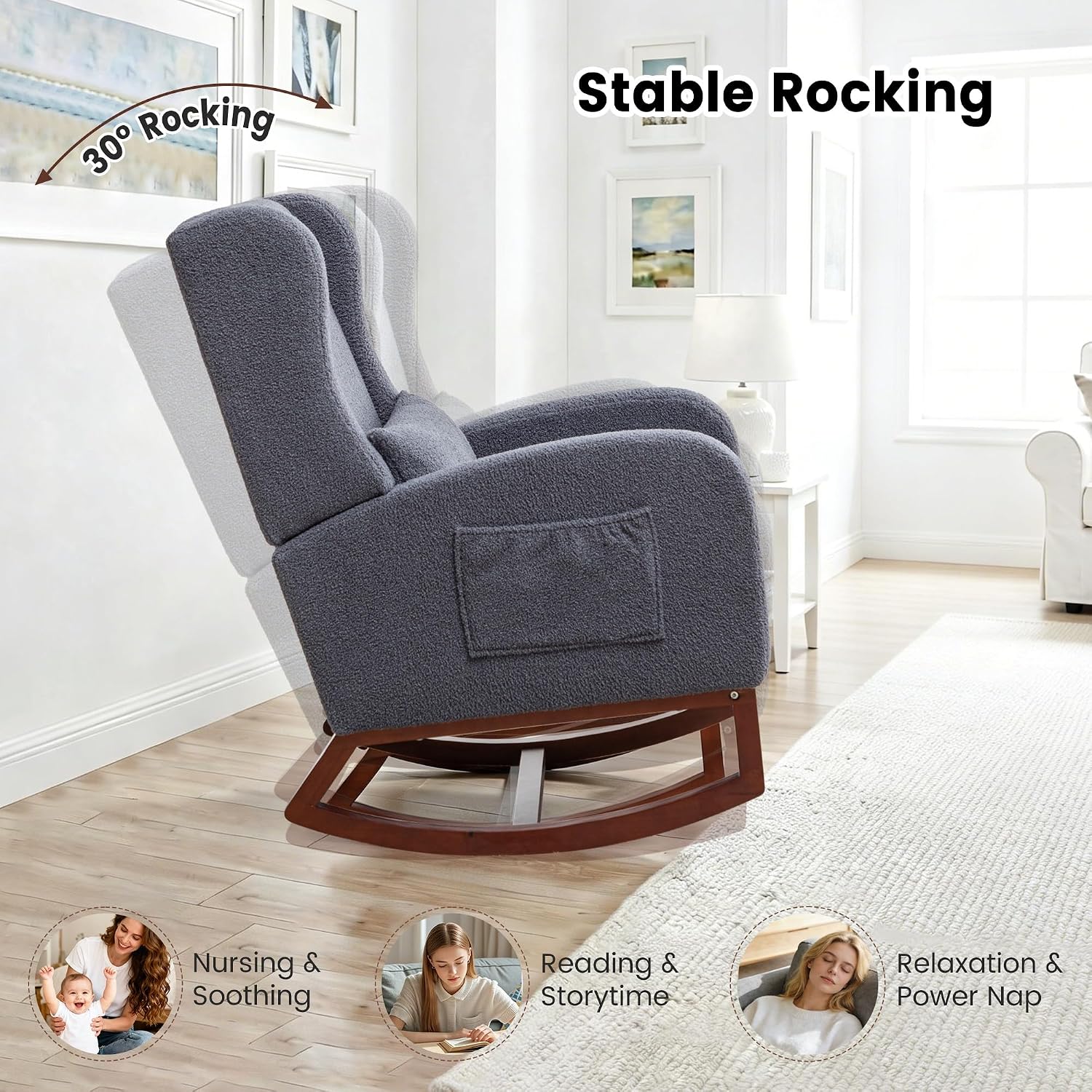Nursery Rocking Chair,Rocking Chair with Foot Rest,Nursery Rocker Comfy Glider Nursing Chair with Back Pillow for Living Room,Bedroom,Dark Grey