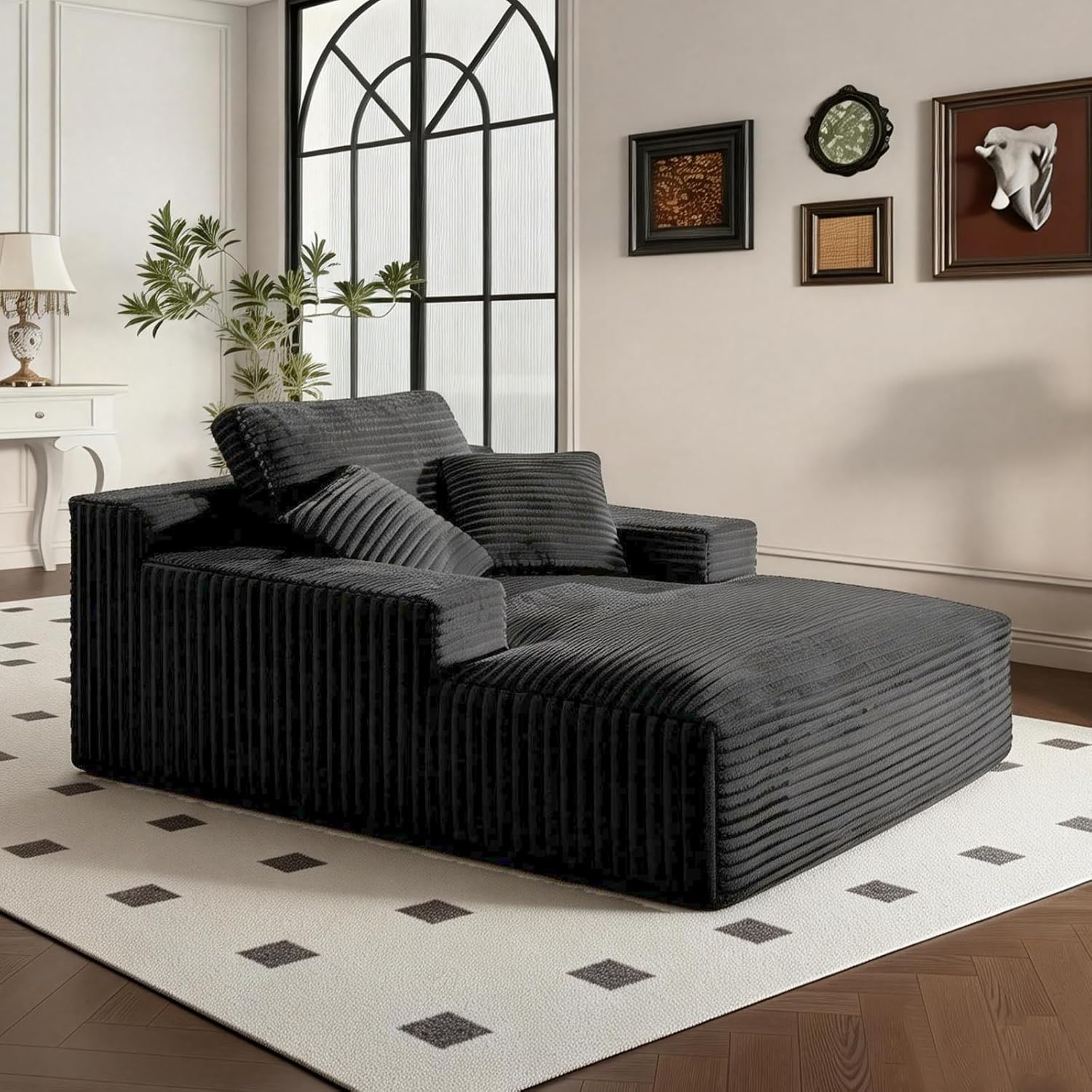 68" Chaise Lounge Chair Indoor, Corduroy Upholstered Boneless Sofa Bed, Deep Seat Sleeper Couch Reading Chairs, Oversized Comfy Cloud Sofas Couches for Living Room, Bedroom (Dark Grey, Oversized)