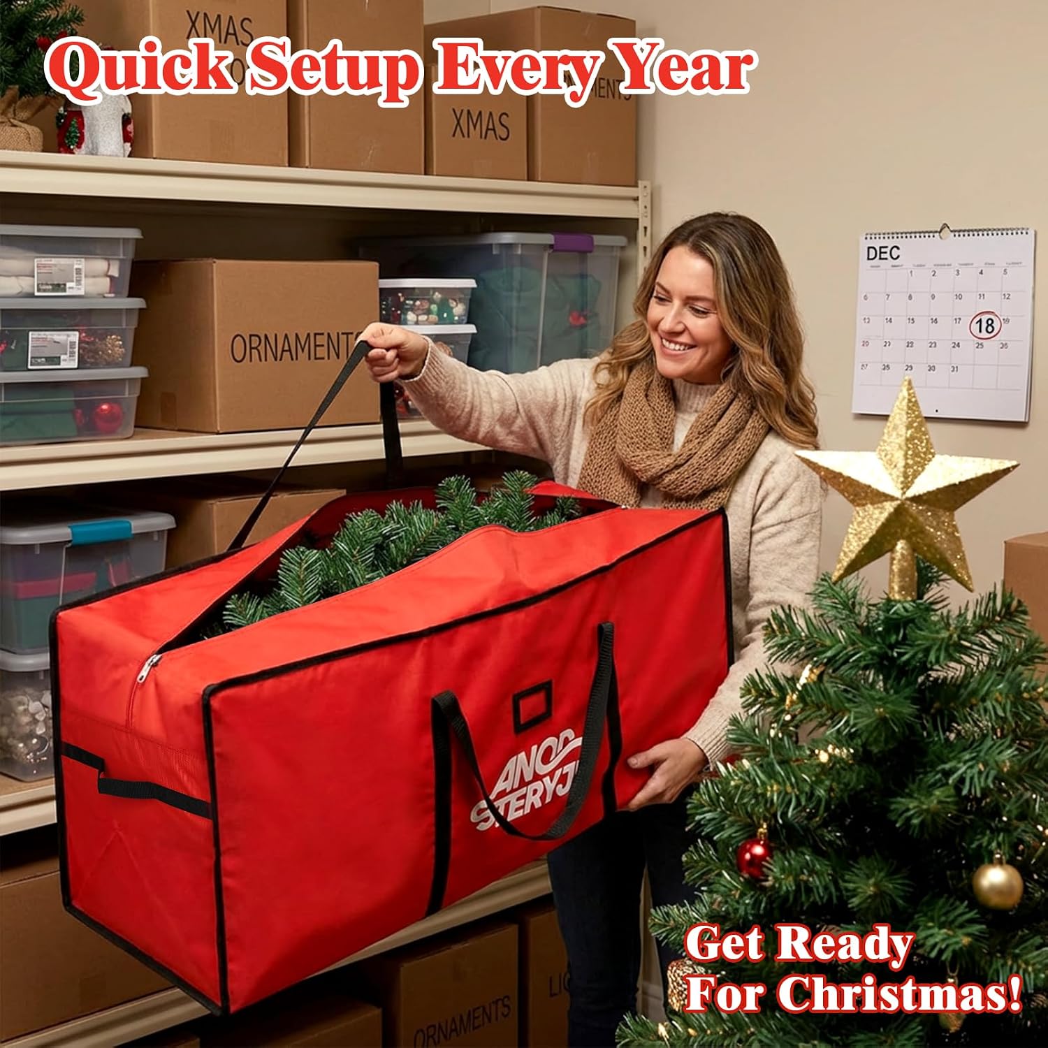Christmas Tree Storage Bag 7.5 Ft, Heavy Duty 600D Oxford Cloth with Built-in Double Mesh Pockets, Double Zippers & Reinforced Handles (50×16×20in)