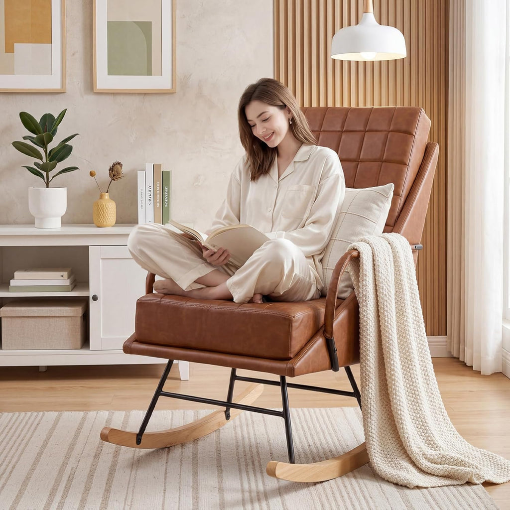 VECELO Rocking Chair Nursery, Over Size Leather Glider Rocker with High Backrest, Upholstered Removable Back, Brown