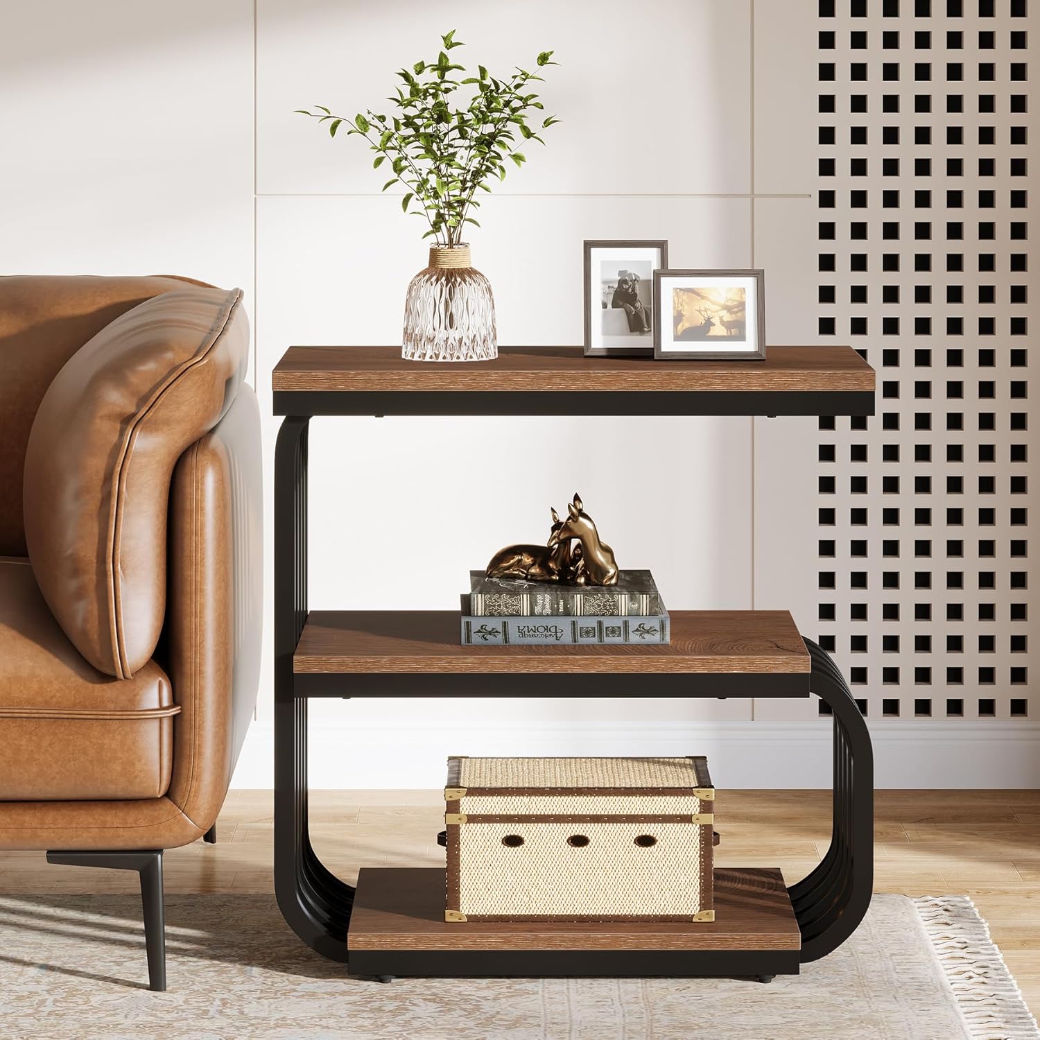 Tribesigns Small End Table, Narrow Side or Bedside Stand, 3 Tier Design Accent Table with Metal Frame, Industrial Vintage Nightstand for Living Room, or Small Spaces (1, Brown)