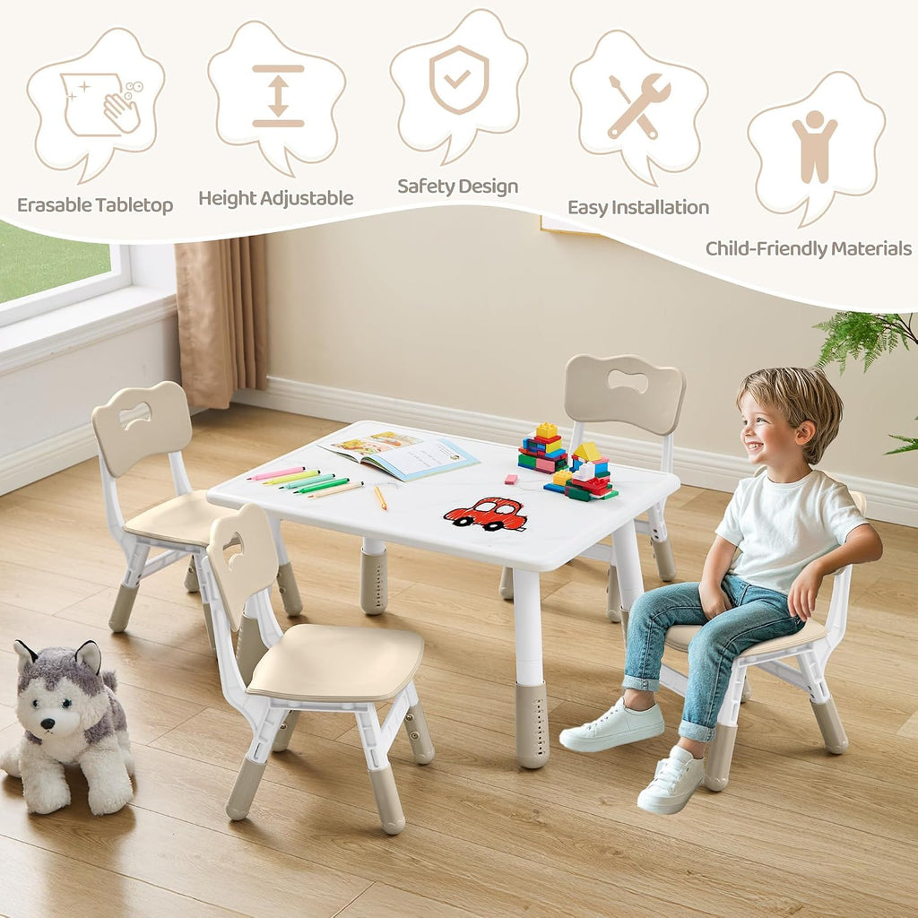 DOREROOM Toddler Table and 4 Chairs Set, Height Adjustable Kids Table and Chair Set, 31.5''L x 23.6''W, Marble Pattern & Graffiti Desktop, Children Multi-Activity Table for Home/Daycare/Classroom