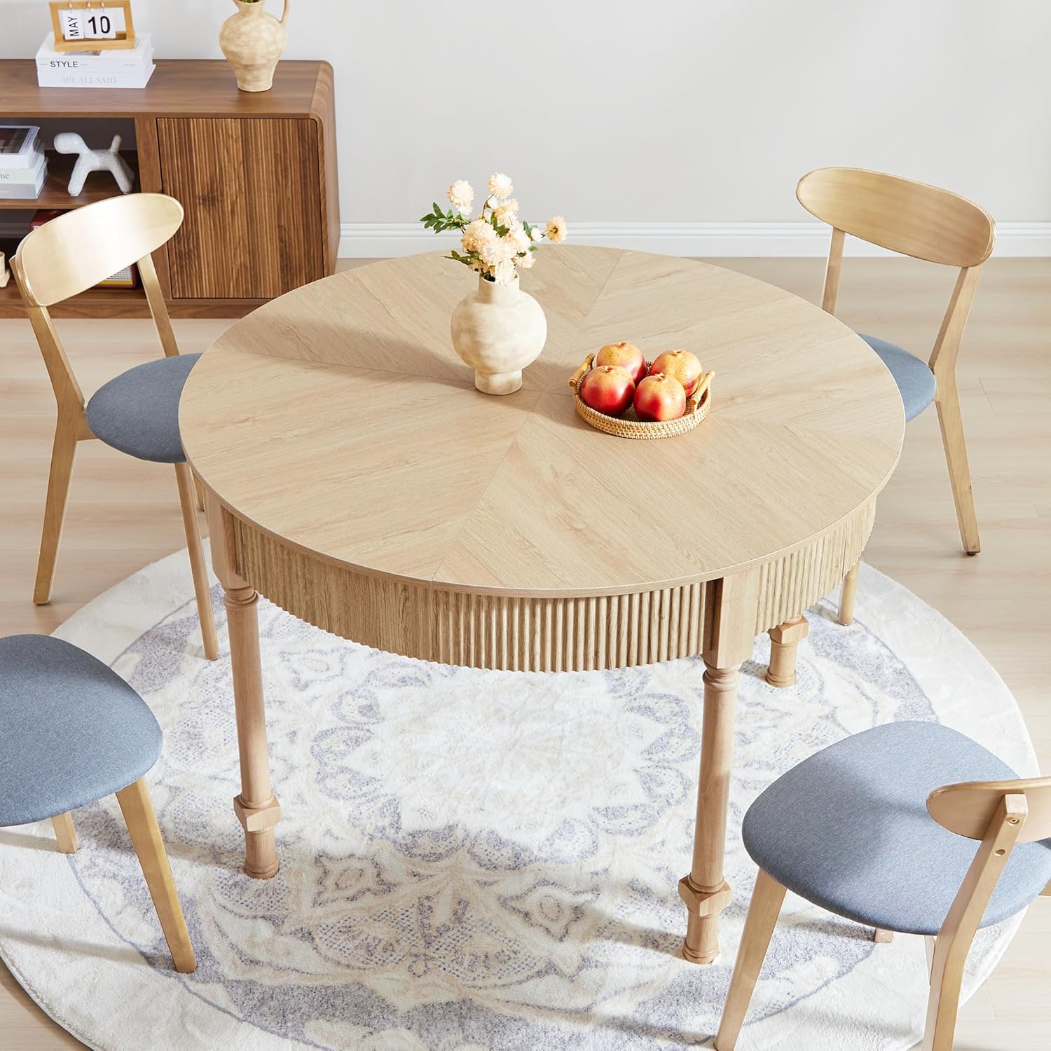 Fluted Round Dining Table for 4-6 People,47 Inches Dining Room Table with 2 Drawers,Modern Farmhouse Dinner Tables Circle Kitchen Tables with Wood Legs Base for Dining Room Kitchen Living Room,Natural