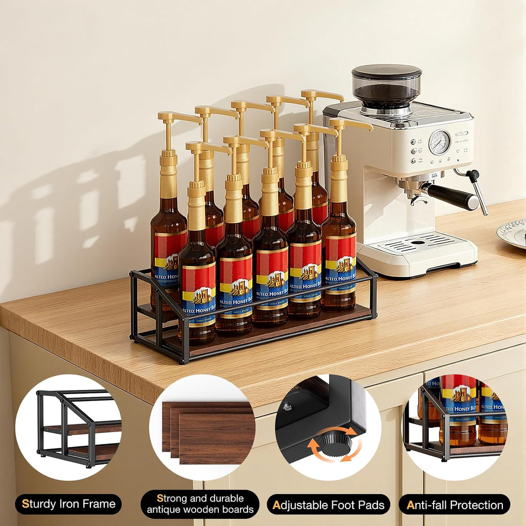 kimilus Coffee Syrup Organizer Rack, Liquor Bottle Display Shelf, 2 Tier 10 Syrup Bottles Holder Stand for Coffee Bar Kitchen Small Wine Rack for Family Storage for Syrup Wine Dressing