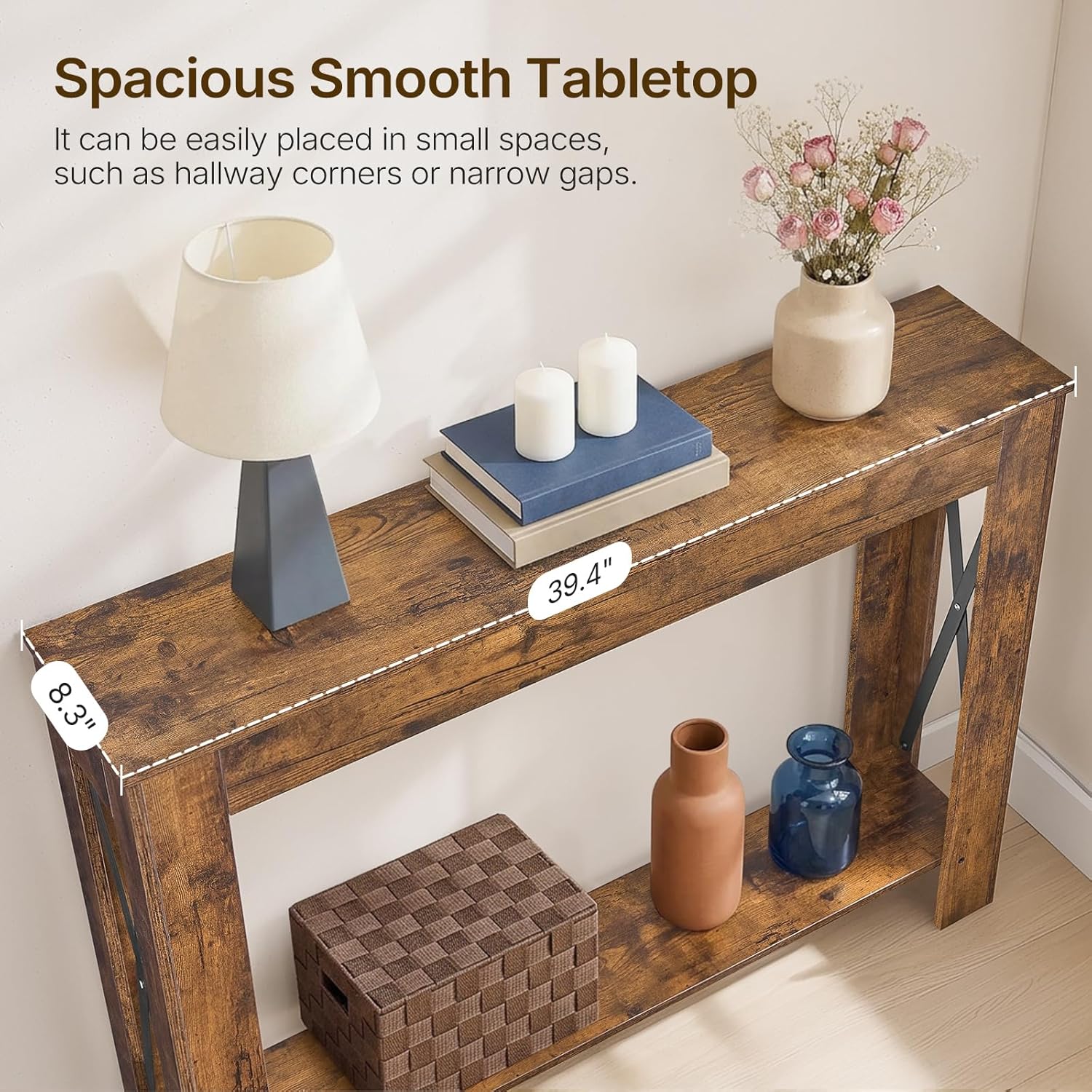 YATINEY Farmhouse Console Table, 39.4'' Small Narrow Entryway Table, Wood Couch Table Behind Sofa with Storage Shelf, Slim Farmhouse Hallway Table for Living Room, Hallway, Foyer, Rustic Brown CT34RR