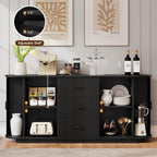 ONBRILL 63" Fluted Sideboard Buffet Cabinet with 3 Drawers & 2 Doors, Mid-Century Modern Buffet Sideboard Cabinet with Storage, Coffee Bar Table with Adjustable Shelf for Kitchen, Living Room, Black
