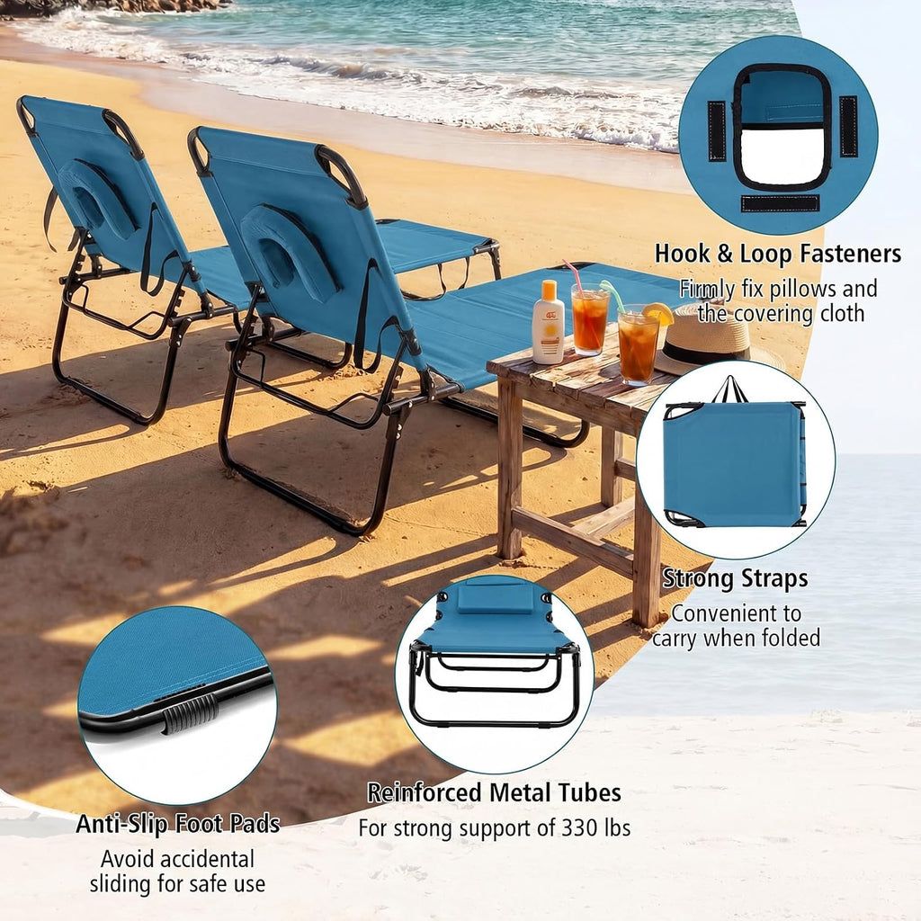 GYMAX Tanning Chair, Folding Lounge Chairs with Face Hole & Cover, Removable Pillow Carry Handle, Portable Compact Outdoor Layout Recliner for Beach, Poolside, Lawn, Patio, Camping (Blue,1)