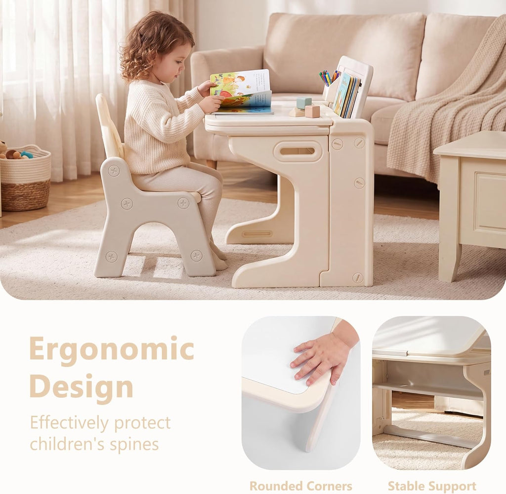 Kinder King Kids Table & Chair Set, Folding Children Activity Table w/Tilt Tabletop, Graffiti & Building Blocks, Book Stand, Storage, Toddler Furniture Set for Classroom, Daycare, Home, Age 3+, Beige
