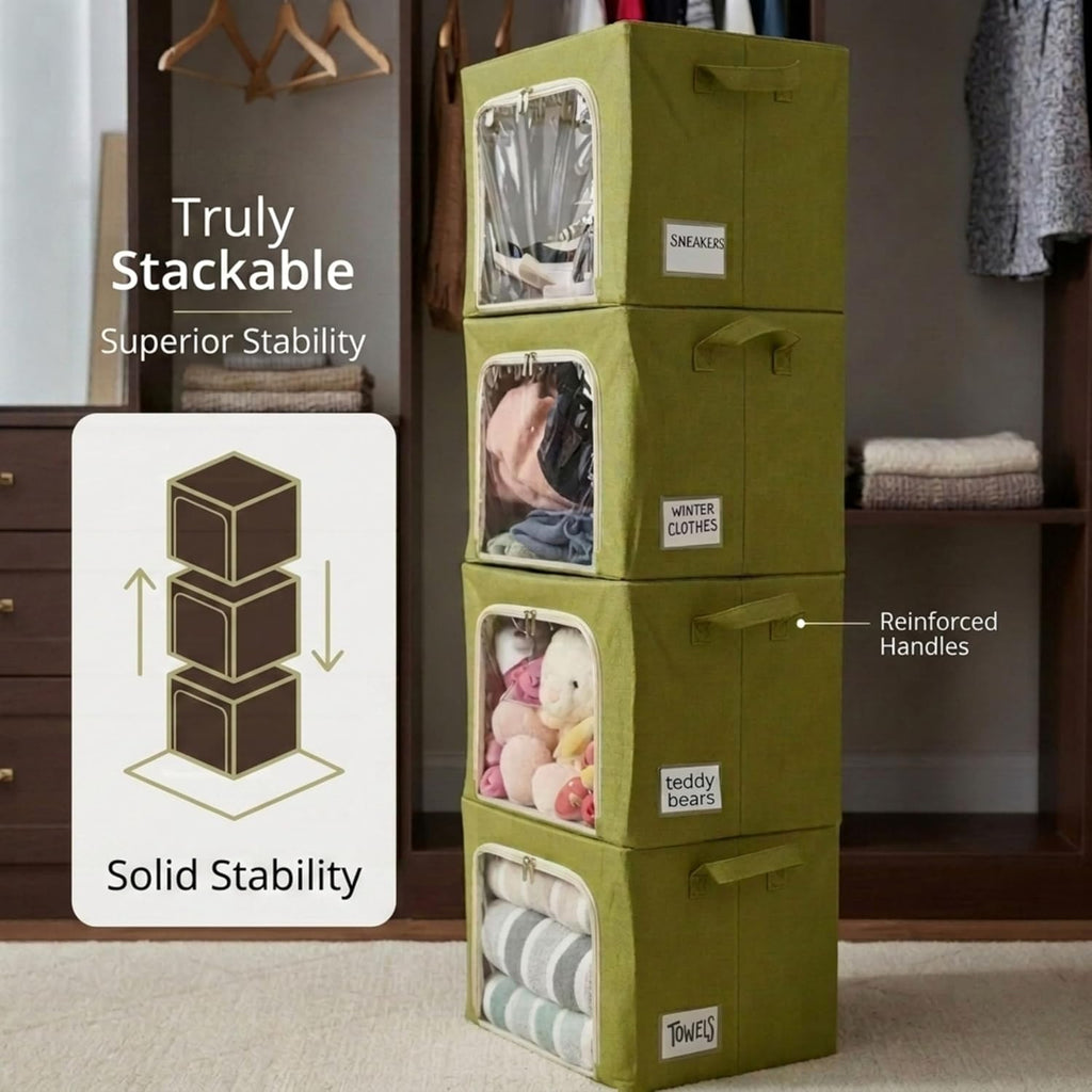 Closet Storage Bins - 3 Openings Clothes Cube Storage Bin with METAL FRAME (Green, 40L, 4 Units) - bed sheet organizer - blankets - bedsheet organizers - closet -sweater - hoodie - shoe