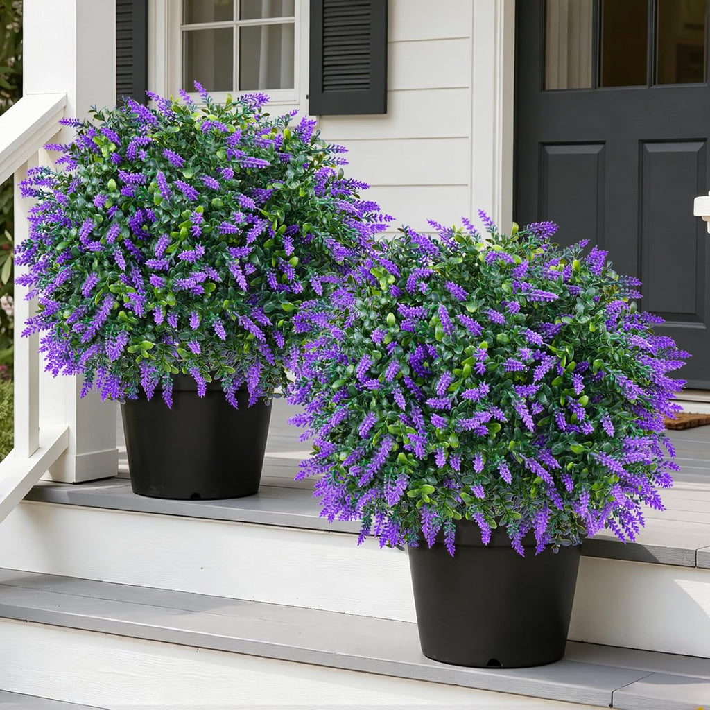 Grooy Artificial Boxwood Topiary Ball with Lavender, Set of 2 Artificial Shrub Bushes with Ground Spike, UV Resistant Fake Evergreen Plant Tree for Porch Outdoor Planters Indoor