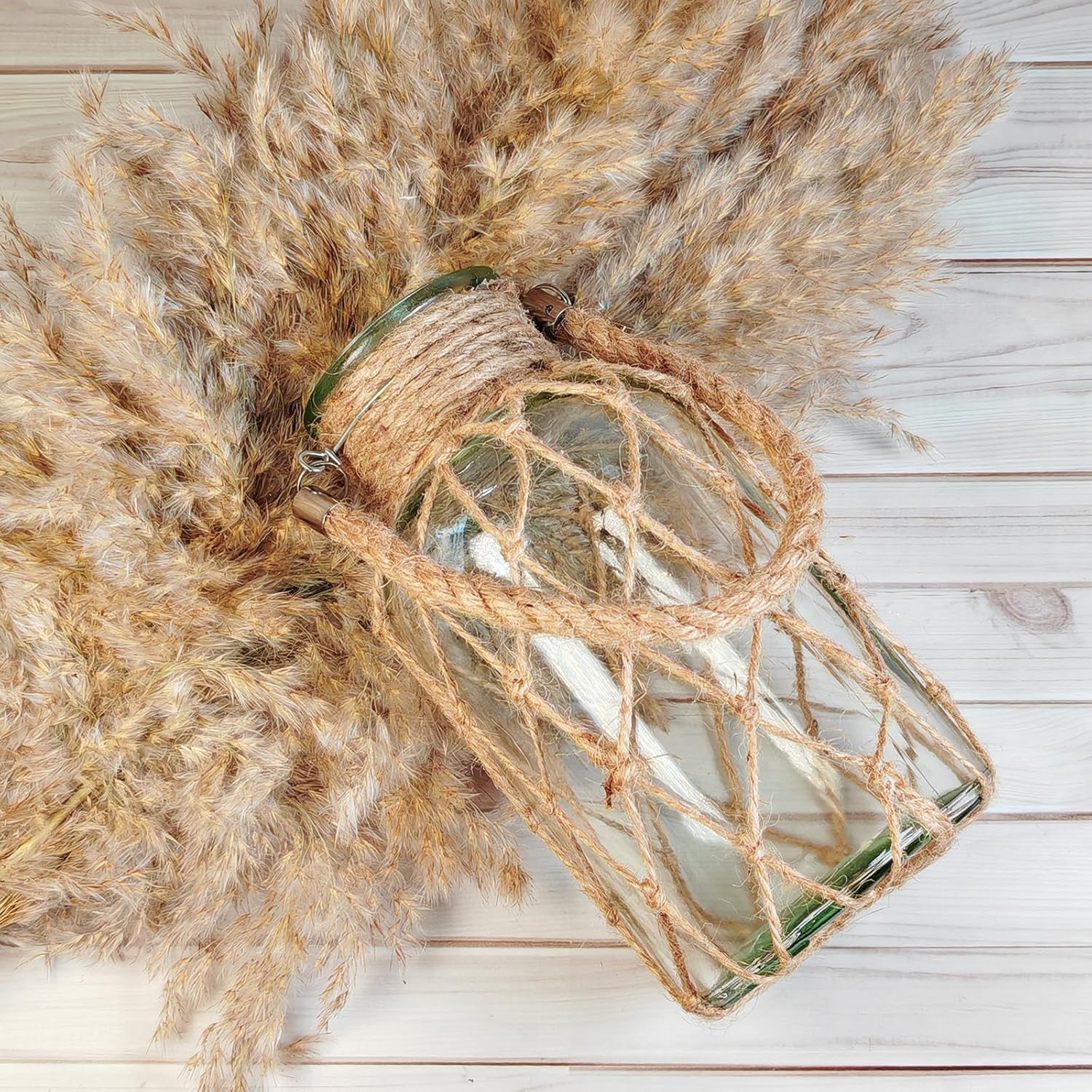 TIWPAJS Pampas Grass Vase, Boho Home Decor for Bedroom/Living Room/Coffee Table/Entryway/Office/House, Fall Farmhouse Decor, Glass Vase with Hand-Woven Hemp Rope, Room Decor Aesthetic, Modern Home
