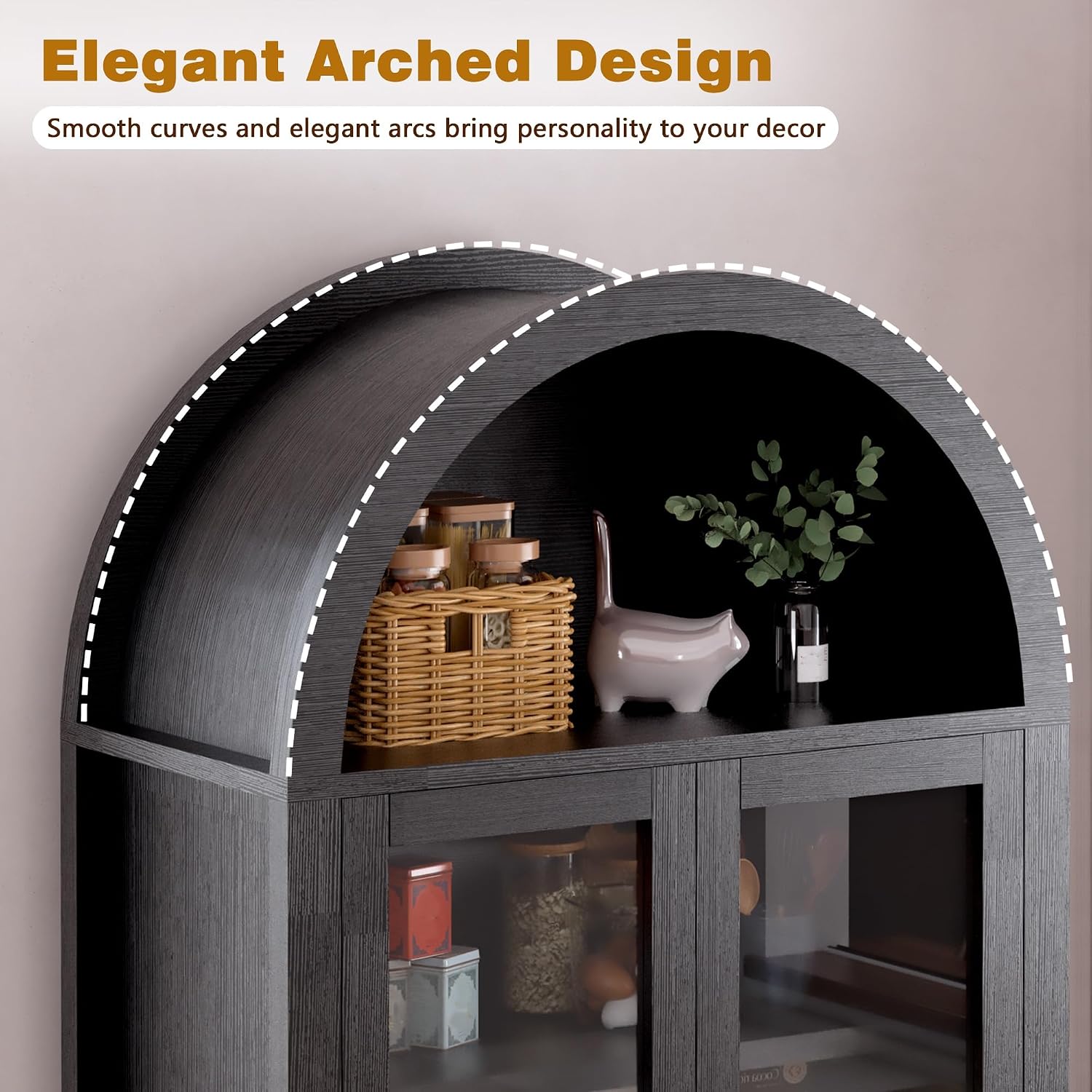 ZeHuoGe Fluted Tall Arched Pantry Cabinet with Adjustable Shelves, Elegant Display Storage with Hidden Drawer & Glass Door for Kitchen, Living Room, Dining Room (Black)