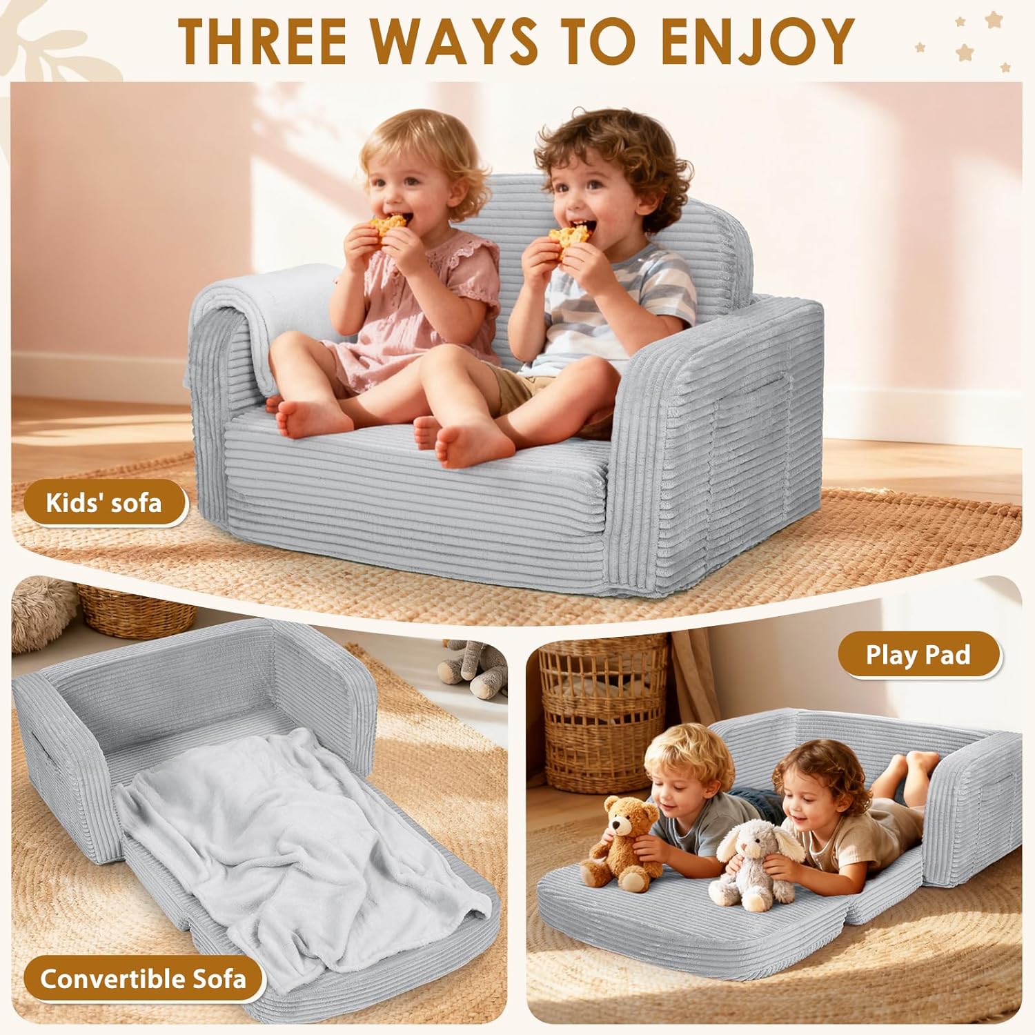 Foryoomi Extra Wide 2 in 1 Convertible Toddler Kids Couch - Corduroy Fold Out Kids Sofa Chair with Blanket, Comfy Comfortable Toddler Chair, Machine-Washable Cover, for Boys Girls, Grey