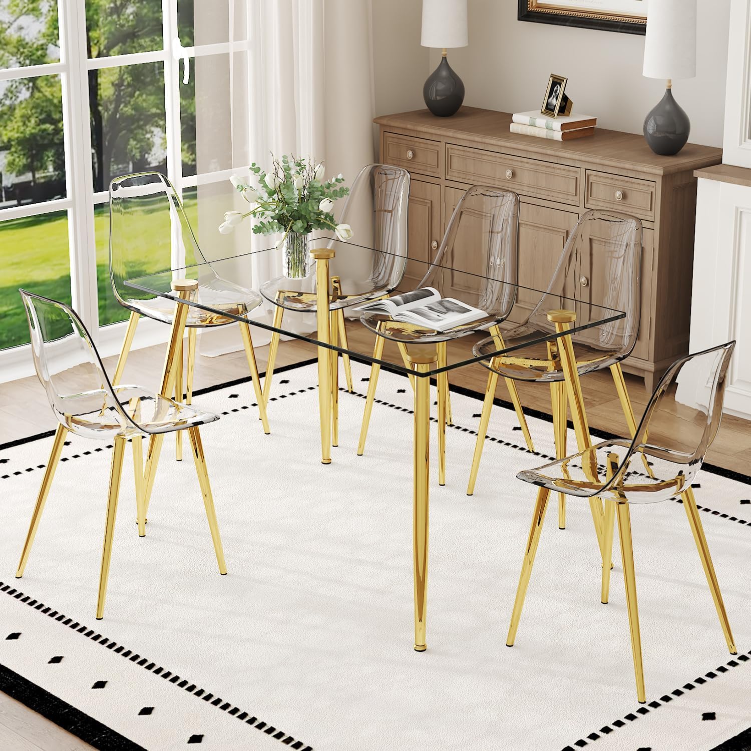 Ebullient Glass Dining Table Set for 6, 51" Clear Tempered Glass Table with Gold Chrome Metal Legs and 6 Transparent Acrylic Chairs, Compact Modern Kitchen Table Set for Small Space Dining Room